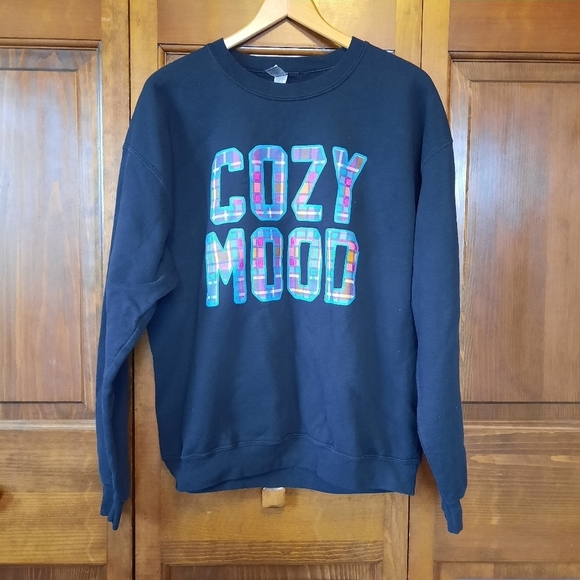 Cozy Mood plaid graphic black crewneck sweatshirt size large - Picture 1 of 9